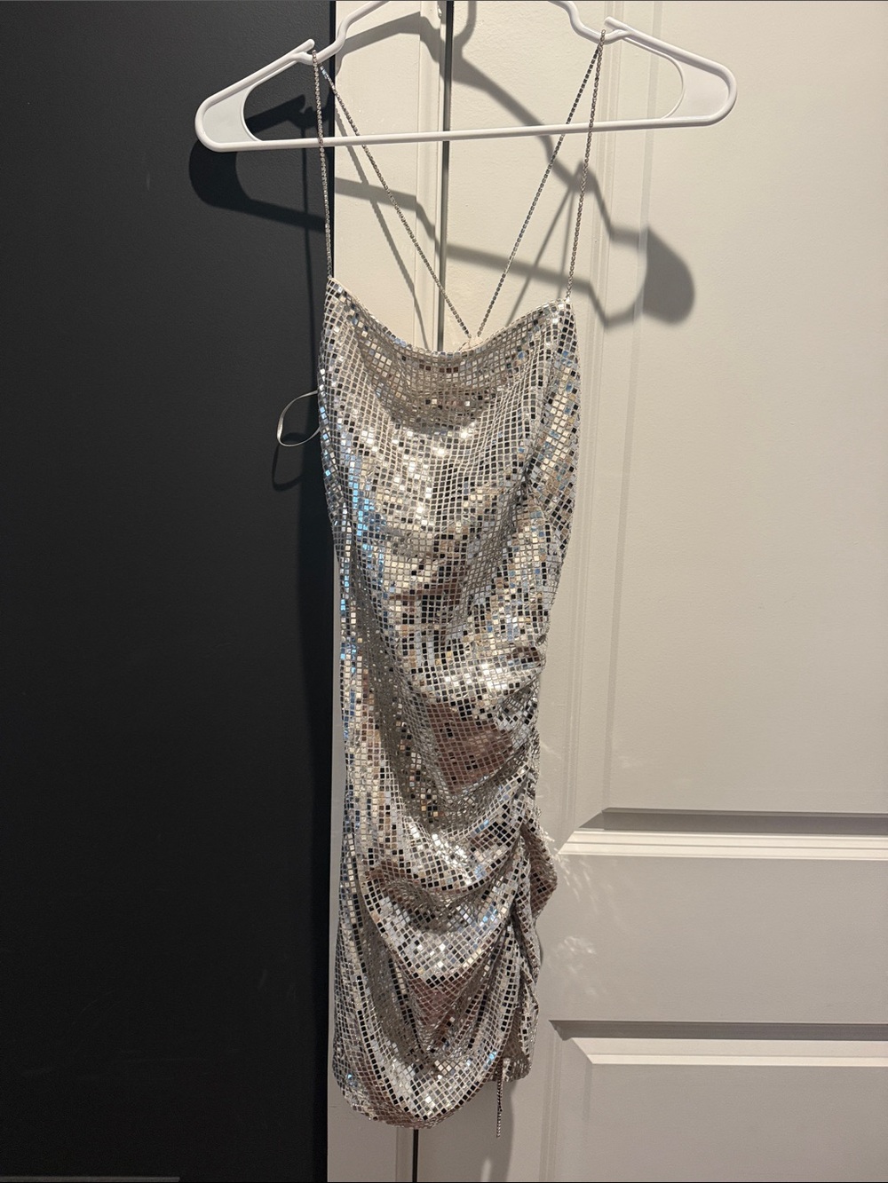 Silver Sequin Cowl Neck Mini Dress